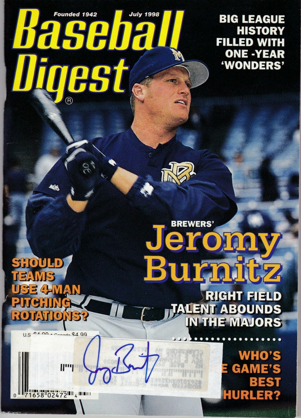 Milwaukee Brewers Jeremy Burnitz Autographed Signed July 1998 Baseball Digest