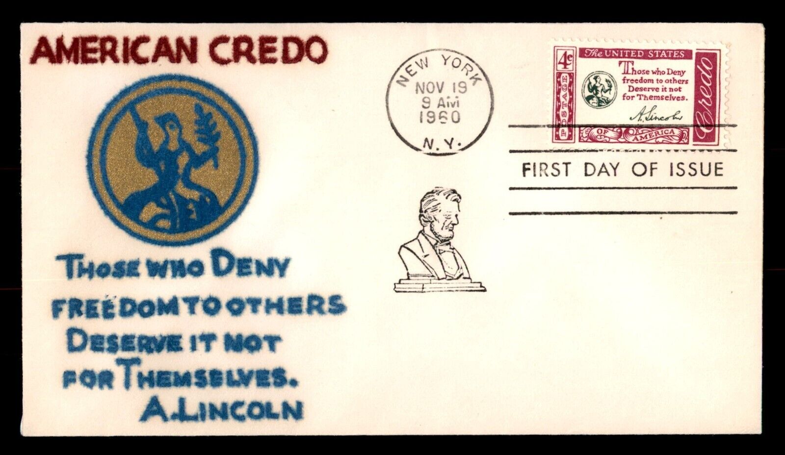 Mayfairstamps Us Fdc 1960 New York Velveteen American Credo Abraham Lincoln Firs