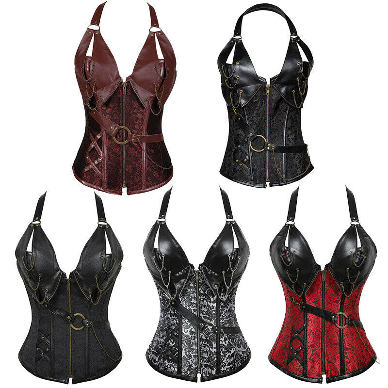 Alacki Steampunk Gothic Punk Overbust Corset Steel Boned Leather Body Bustier