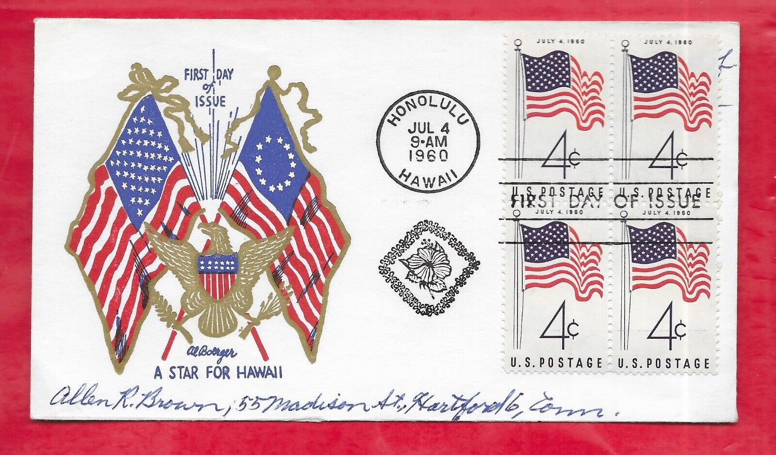 1960 Hawaii 50 Star Flag (Block of 4)  1st Day Cover (Scott's # 1153)    M-289
