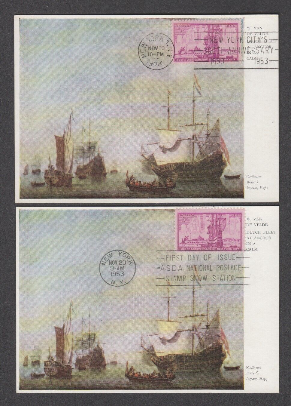 Us 1953 New York Anniversary Fdc Maximum Card Lot Of 2 - Different Cancels