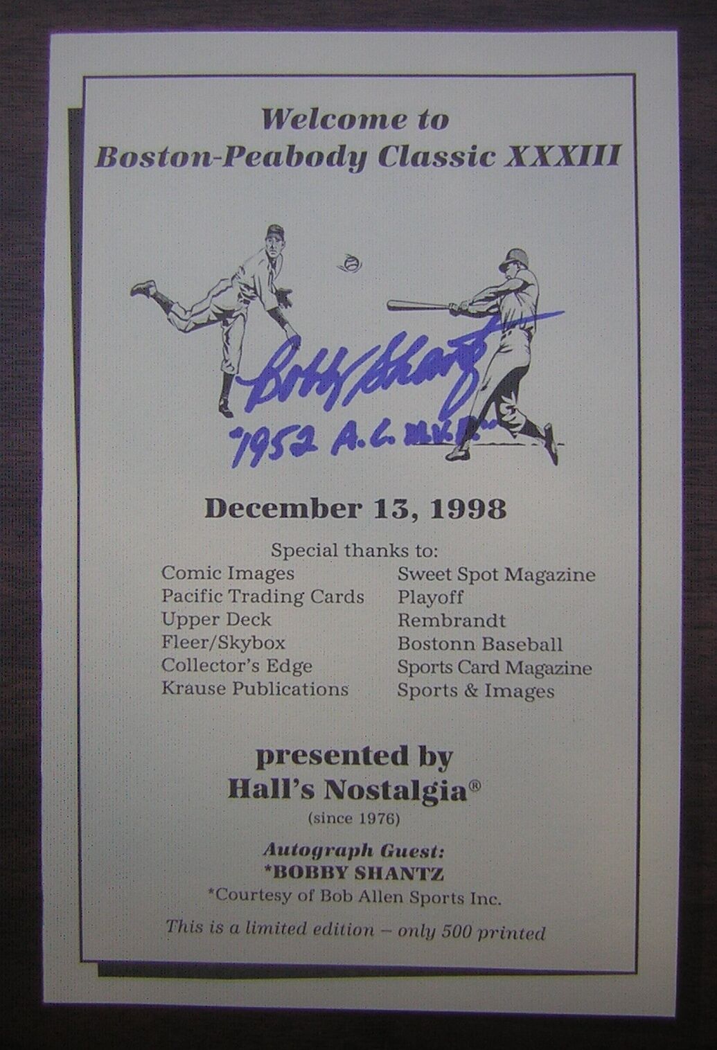12/13/1998 Boston-Peabody Classic XXXIII Show Program Signed by MVP Bobby Shantz