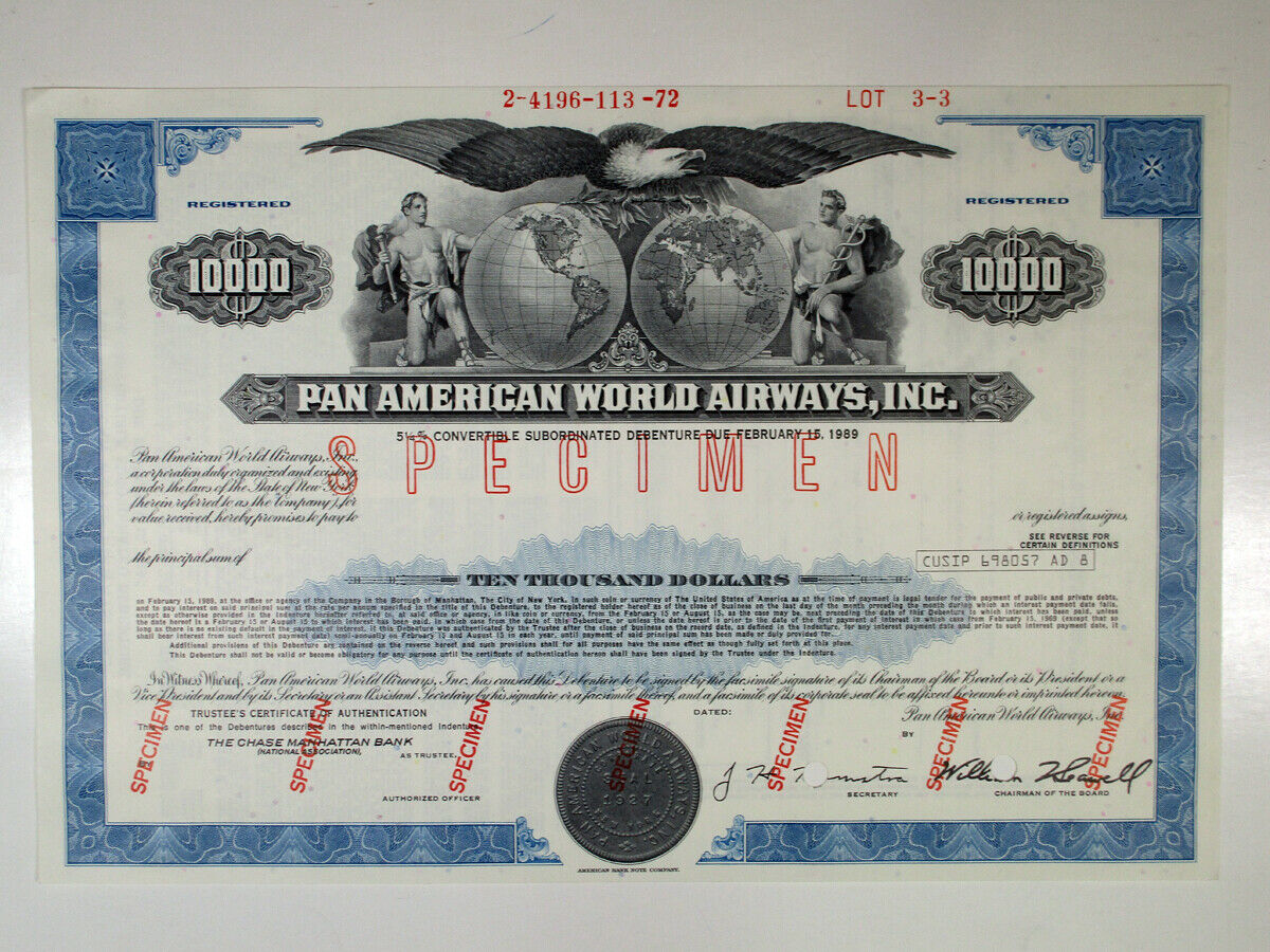 NY. Pan American World Airways, Inc. 1972 $10,000 Specimen 5.25% Registered Bond