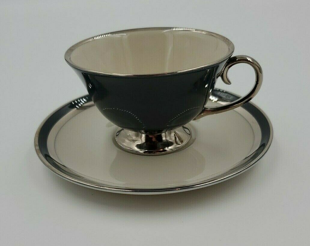 Gorham Tea Cup & Saucer Blueish Grey & Silver