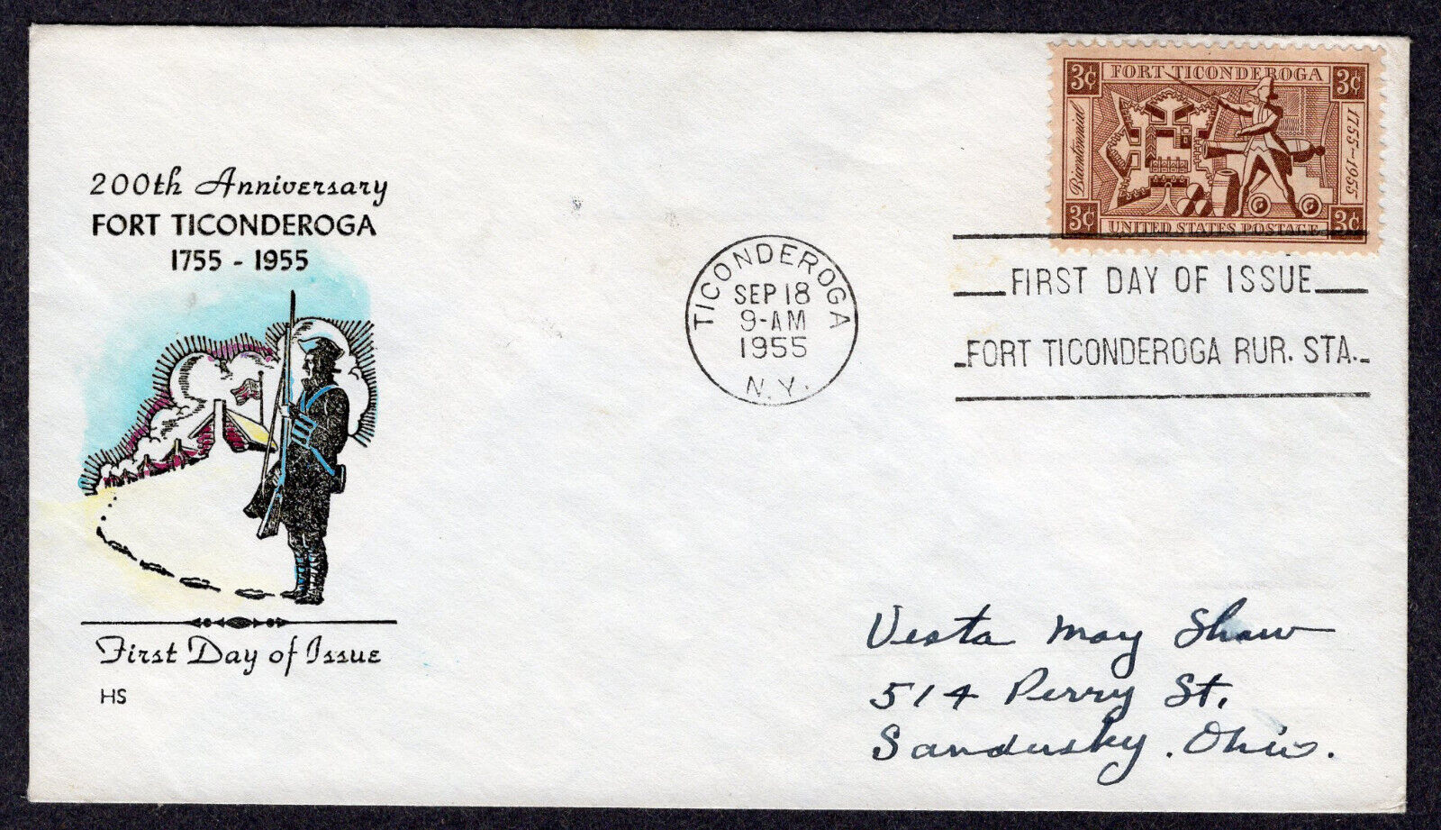 1955 Fort Ticonderoga 200th (1071) -  Colortint Fdc Mp66