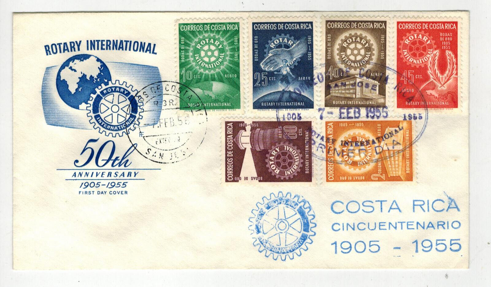 Farnam 1955 ROTARY INT.  (US 1066) VERY UNUSUAL COSTA RICA ROTARY 6 STAMPS CANCE