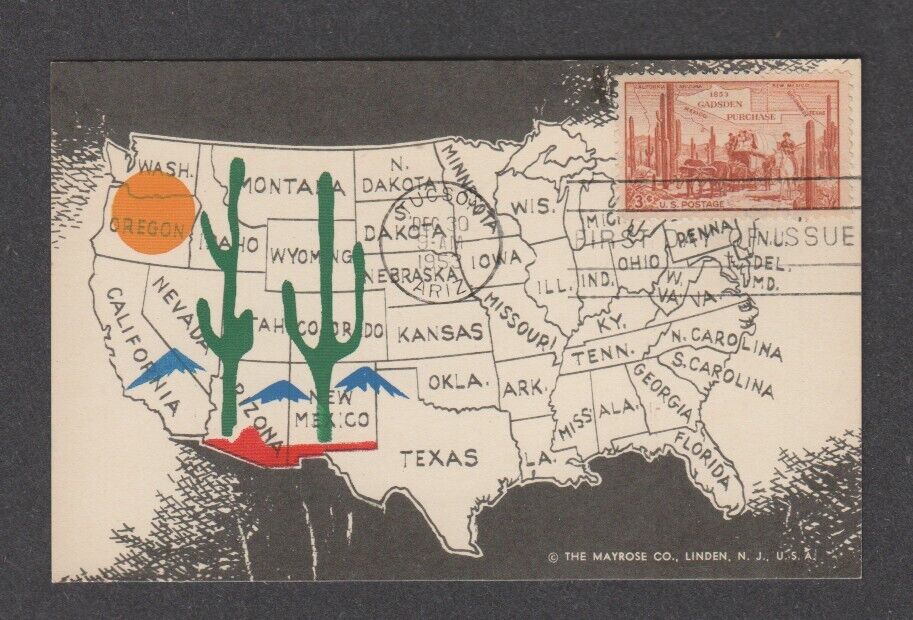 Us 1953 Fdc Maximum Card - Gadsden Purchase - Arizona New Mexico - Map